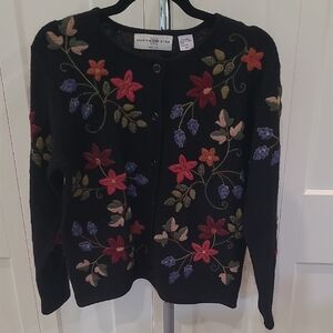 Marisa Christina Black Cardigan with Floral Embroidery